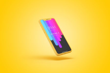 高清黄色背景iphoneX悬起展示样机素材
