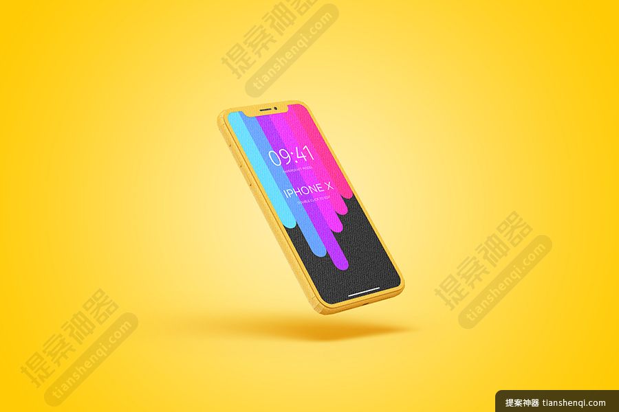 高清黄色背景iphoneX悬起展示样机素材