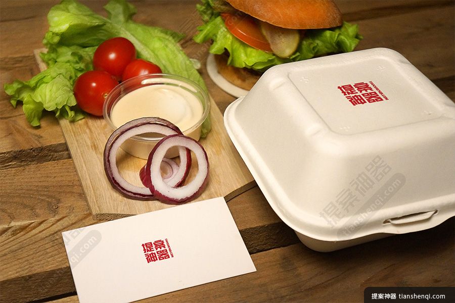 高清木质餐桌蔬菜拼盘便利泡沫餐盒餐巾纸包装样机素材