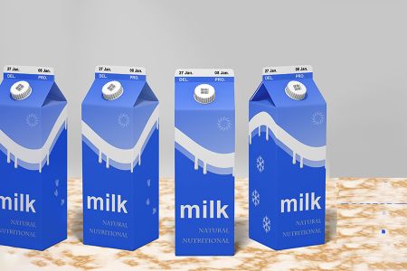 灰底高清背景三瓶方形罐装牛奶多角度包装样机素材