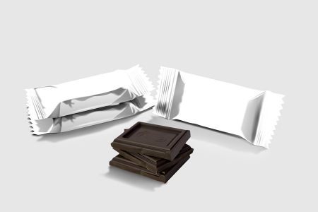 灰底高清食物三块银色巧克力包装袋样机素材