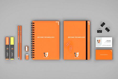 灰色背景白橙色系办公用品信封笔夹子笔记本橡皮名片样机素材