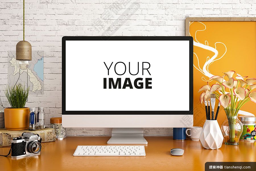 黄色系高清工作室内工作台iMac屏幕可更换场景贴图样机素材