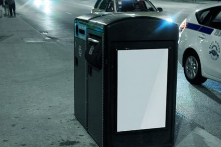 高清街头道路旁方形立式金属垃圾桶可切换广告样机贴图素材
