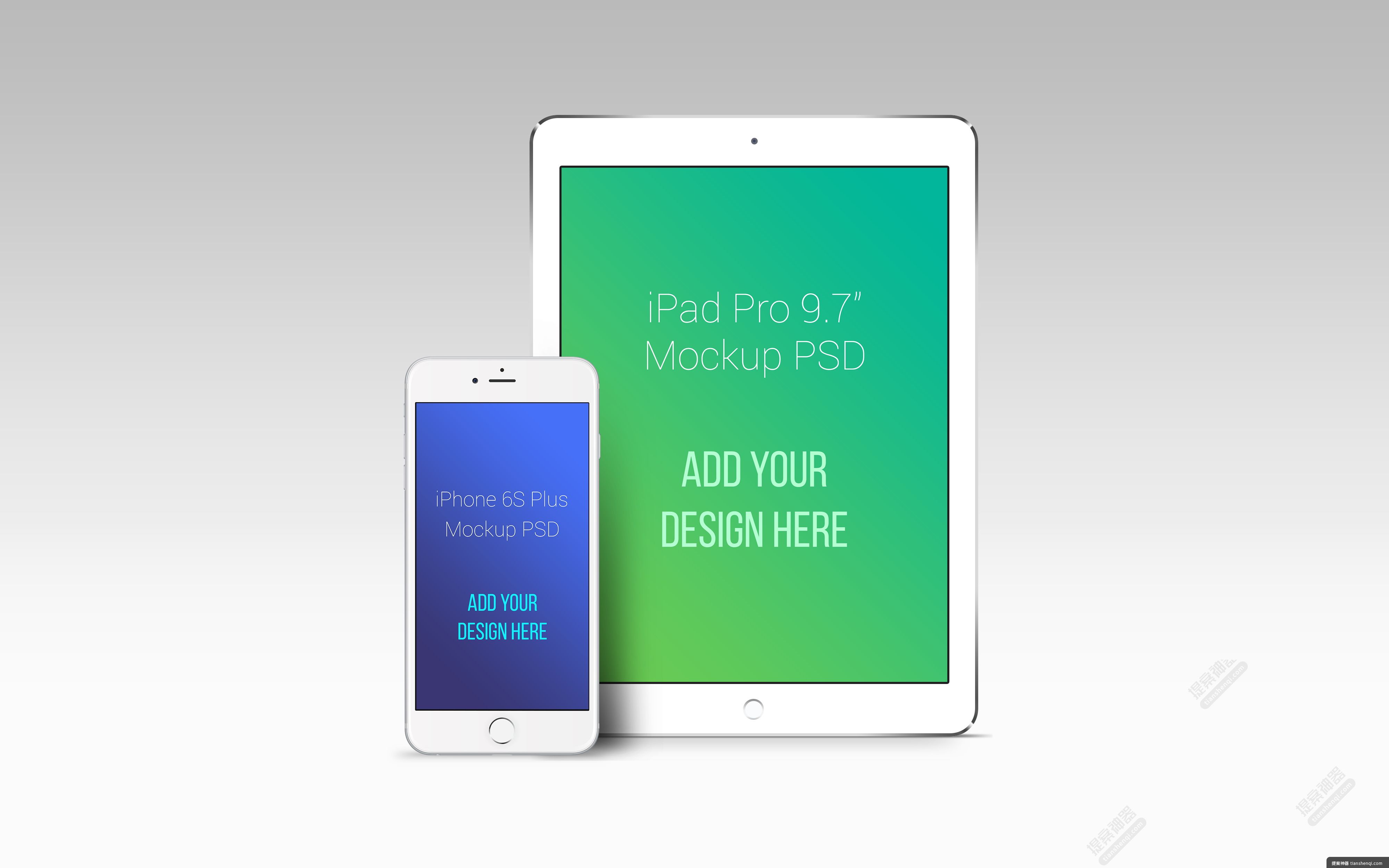 灰白色背景高清简单一台立式iPad Pro与iPhone6s plus组合细节屏幕贴图样机贴图素材