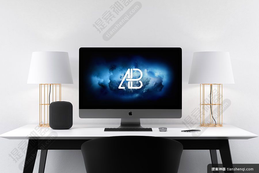 高清白色背景简约办公场景灯具装饰与iMac组合展示样机素材