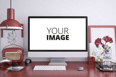 红色系高清室内工作台iMac屏幕可更换场景样机素材